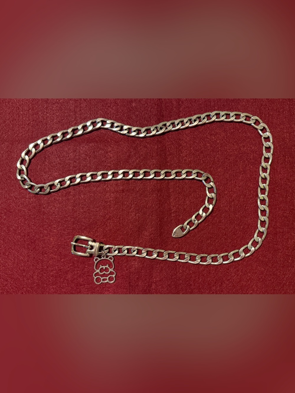 Silver High Polished Chunky Cuban Flat Chain Link Belt with Teddy Bear Charm